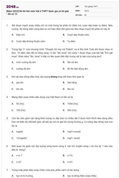 [Năm 2022] Đề thi thử môn Vật lí THPT Quốc gia có lời giải - Đề số 12