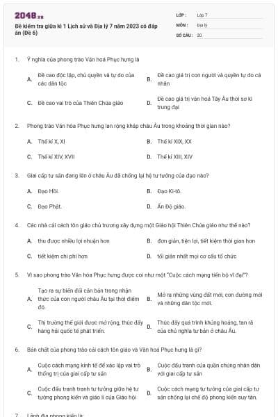 Đề kiểm tra giữa kì 1 Lịch sử và Địa lý 7 năm 2023 có đáp án (Đề 6)