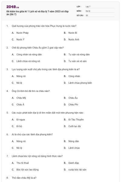Đề kiểm tra giữa kì 1 Lịch sử và Địa lý 7 năm 2023 có đáp án (Đề 7)