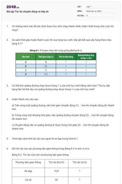 Bài tập Tốc độ chuyển động có đáp án