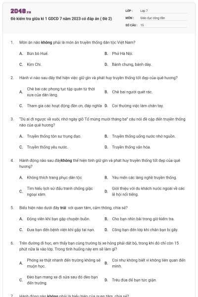 Đề kiểm tra giữa kì 1 GDCD 7 năm 2023 có đáp án ( Đề 2)