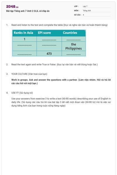 Bài tập Tiếng anh 7 Unit 2 CLIL có đáp án