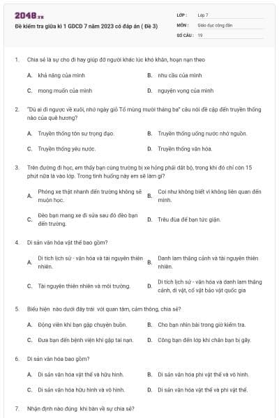 Đề kiểm tra giữa kì 1 GDCD 7 năm 2023 có đáp án ( Đề 3)