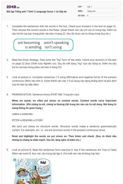 Bài tập Tiếng anh 7 Unit 2 Language focus 1 có đáp án