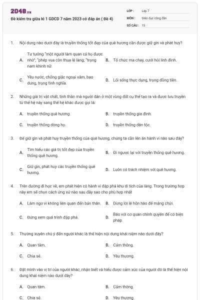 Đề kiểm tra giữa kì 1 GDCD 7 năm 2023 có đáp án ( Đề 4)
