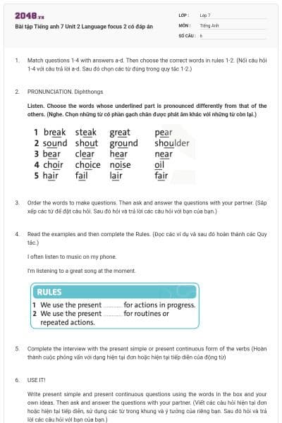 Bài tập Tiếng anh 7 Unit 2 Language focus 2 có đáp án