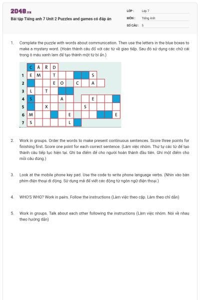 Bài tập Tiếng anh 7 Unit 2 Puzzles and games có đáp án