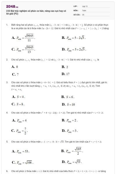 233 Bài trắc nghiệm số phức cơ bản, nâng cao cực hay có lời giải (P2)