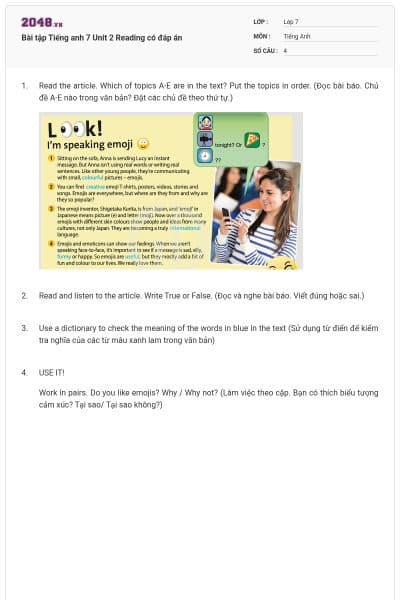 Bài tập Tiếng anh 7 Unit 2 Reading có đáp án