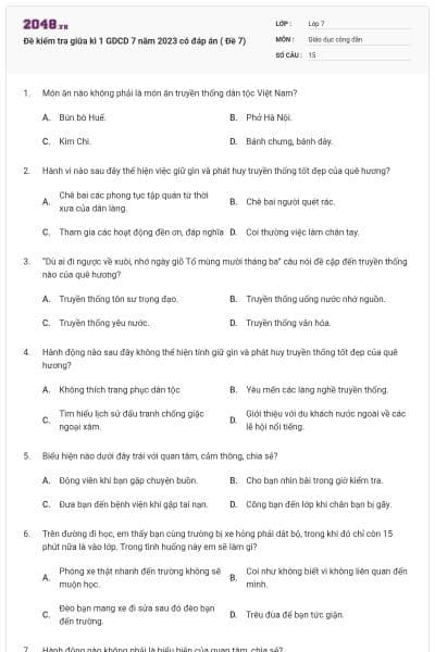 Đề kiểm tra giữa kì 1 GDCD 7 năm 2023 có đáp án ( Đề 7)