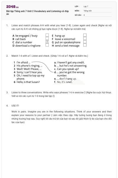Bài tập Tiếng anh 7 Unit 2 Vocabulary and Listening có đáp án