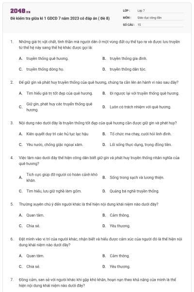 Đề kiểm tra giữa kì 1 GDCD 7 năm 2023 có đáp án ( Đề 8)