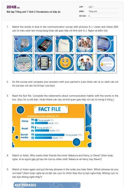 Bài tập Tiếng anh 7 Unit 2 Vocabulary có đáp án
