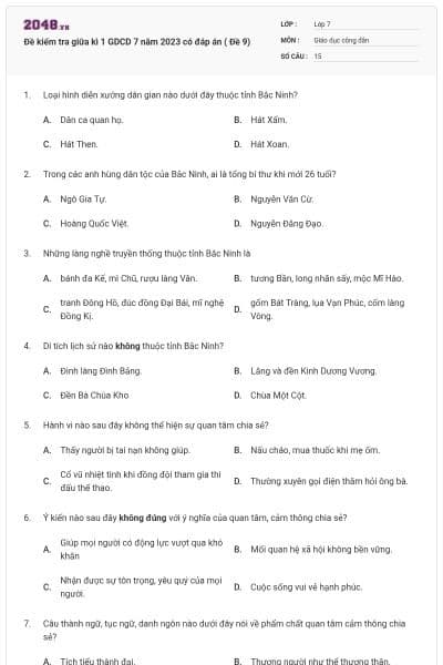 Đề kiểm tra giữa kì 1 GDCD 7 năm 2023 có đáp án ( Đề 9)