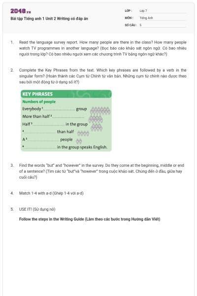 Bài tập Tiếng anh 1 Unit 2 Writing có đáp án