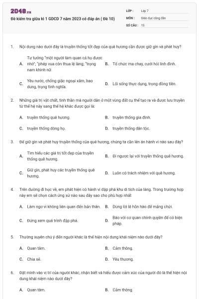 Đề kiểm tra giữa kì 1 GDCD 7 năm 2023 có đáp án ( Đề 10)