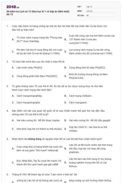 Đề kiểm tra Lịch sử 12 Giữa học kì 1 có đáp án (Mới nhất) Đề 15