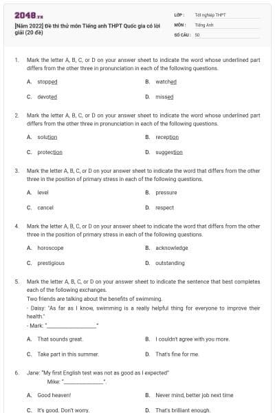 [Năm 2022] Đề thi thử môn Tiếng anh THPT Quốc gia có lời giải (20 đề)