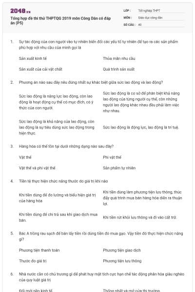 Tổng hợp đề thi thử THPTQG 2019 môn Công Dân có đáp án (P5)