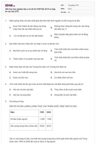 480 Câu trắc nghiệm Địa Lí từ đề thi THPTQG 2019 có đáp án cực hay (P3)