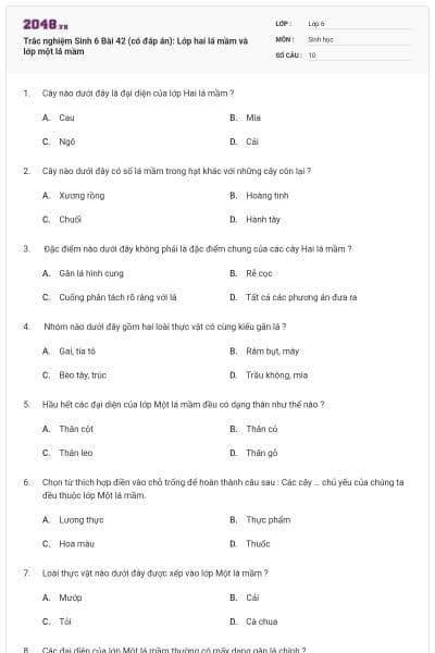 Trắc nghiệm Sinh 6 Bài 42 (có đáp án): Lớp hai lá mầm và lớp một lá mầm