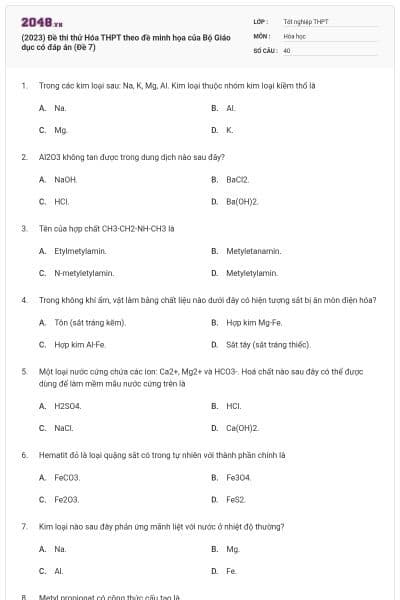 (2023) Đề thi thử Hóa THPT theo đề minh họa của Bộ Giáo dục có đáp án (Đề 7)