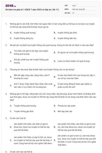 Đề kiểm tra giữa kì 1 GDCD 7 năm 2023 có đáp án ( Đề 11)