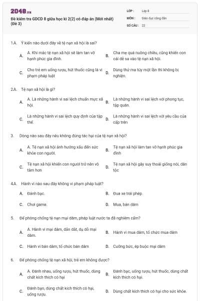 Đề kiểm tra GDCD 8 giữa học kì 2(2) có đáp án (Mới nhất) (Đề 3)