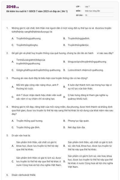 Đề kiểm tra cuối kì 1 GDCD 7 năm 2023 có đáp án ( Đề 1)
