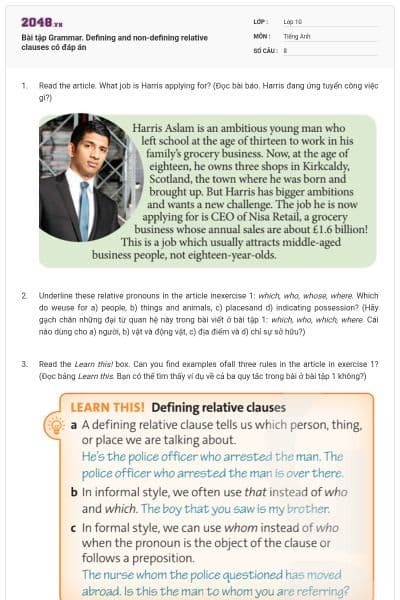 Bài tập Grammar. Defining and non-defining relative clauses có đáp án