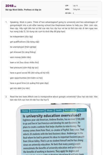 Bài tập Word Skills. Prefixes có đáp án