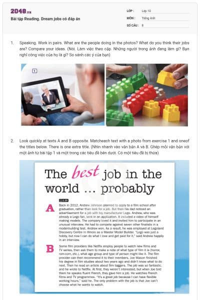 Bài tập Reading. Dream jobs có đáp án