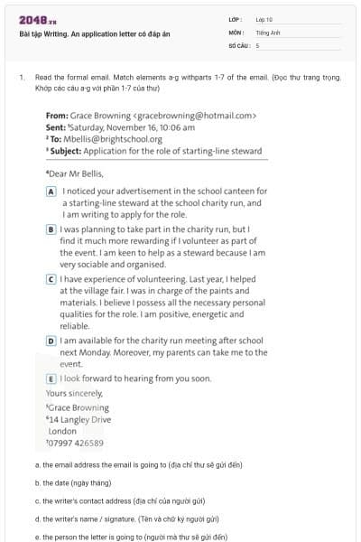 Bài tập Writing. An application letter có đáp án