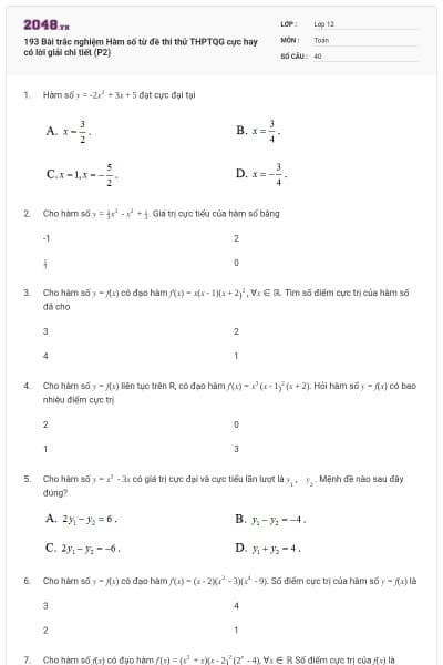 193 Bài trắc nghiệm Hàm số từ đề thi thử THPTQG cực hay có lời giải chi tiết (P2)