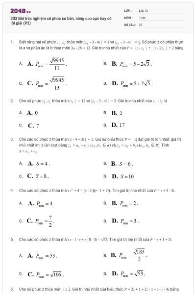 233 Bài trắc nghiệm số phức cơ bản, nâng cao cực hay có lời giải (P2)