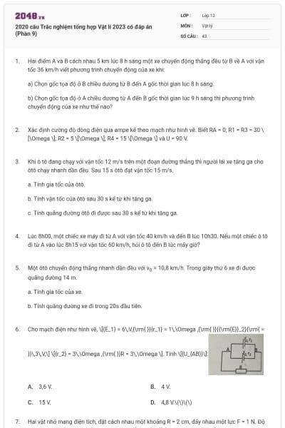 2020 câu Trắc nghiệm tổng hợp Vật lí 2023 có đáp án (Phần 9)