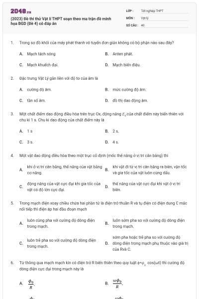 (2023) Đề thi thử Vật lí THPT soạn theo ma trận đề minh họa BGD (Đề 4) có đáp án