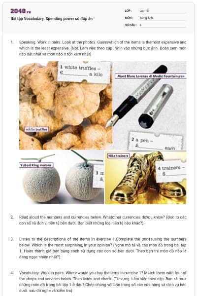 Bài tập Vocabulary. Spending power có đáp án