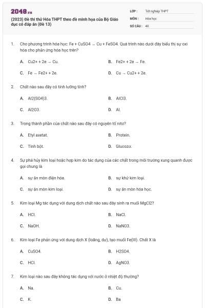 (2023) Đề thi thử Hóa THPT theo đề minh họa của Bộ Giáo dục có đáp án (Đề 13)