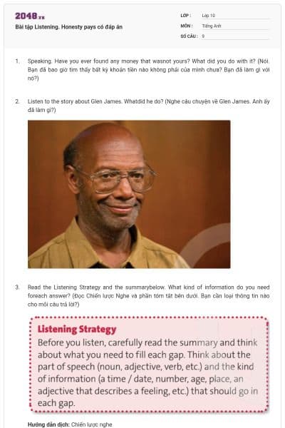 Bài tập Listening. Honesty pays có đáp án