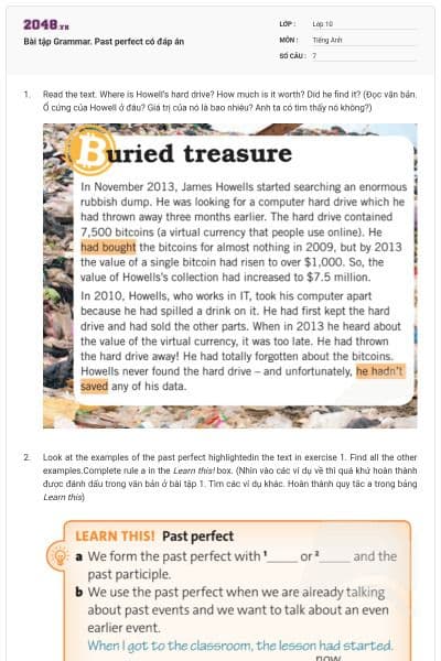 Bài tập Grammar. Past perfect có đáp án