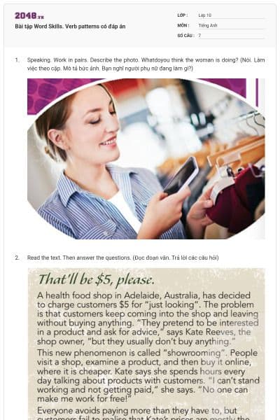 Bài tập Word Skills. Verb patterns có đáp án