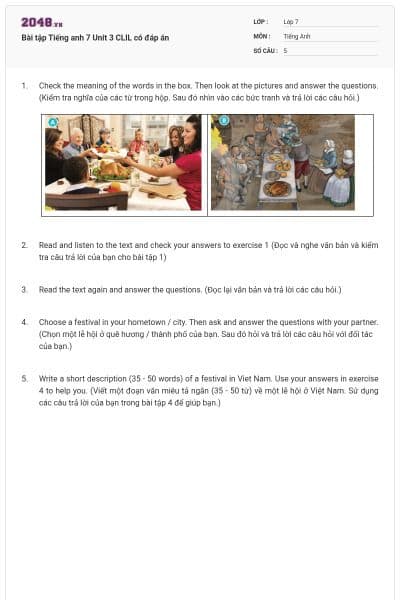 Bài tập Tiếng anh 7 Unit 3 CLIL có đáp án