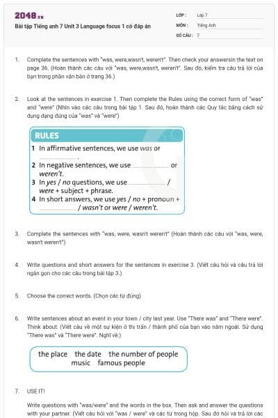 Bài tập Tiếng anh 7 Unit 3 Language focus 1 có đáp án