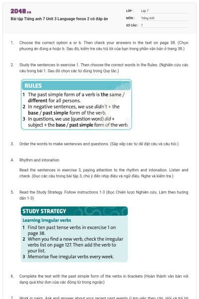 Bài tập Tiếng anh 7 Unit 3 Language focus 2 có đáp án