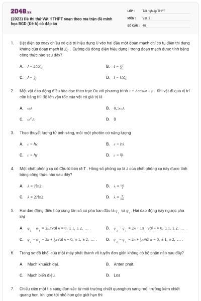 (2023) Đề thi thử Vật lí THPT soạn theo ma trận đề minh họa BGD (Đề 6) có đáp án