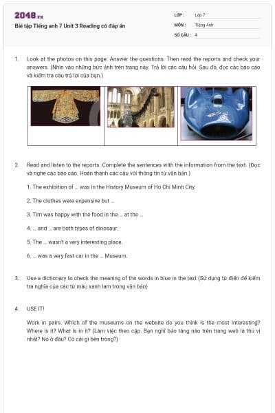 Bài tập Tiếng anh 7 Unit 3 Reading có đáp án