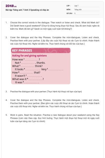 Bài tập Tiếng anh 7 Unit 3 Speaking có đáp án