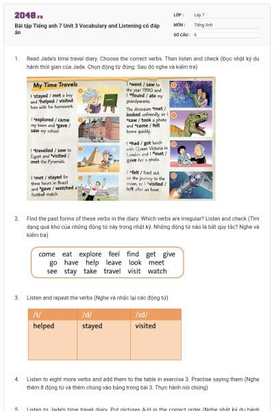 Bài tập Tiếng anh 7 Unit 3 Vocabulary and Listening có đáp án