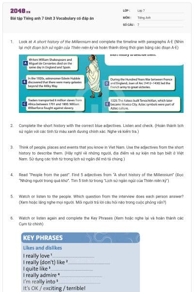 Bài tập Tiếng anh 7 Unit 3 Vocabulary có đáp án